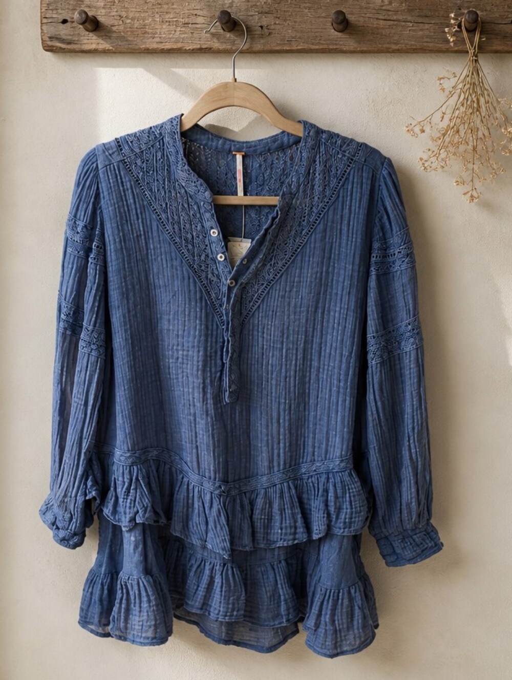Free People  “Big Dipper” Pullover Tunic Denim Medi. Size Sm (Will Fit Med) NWT